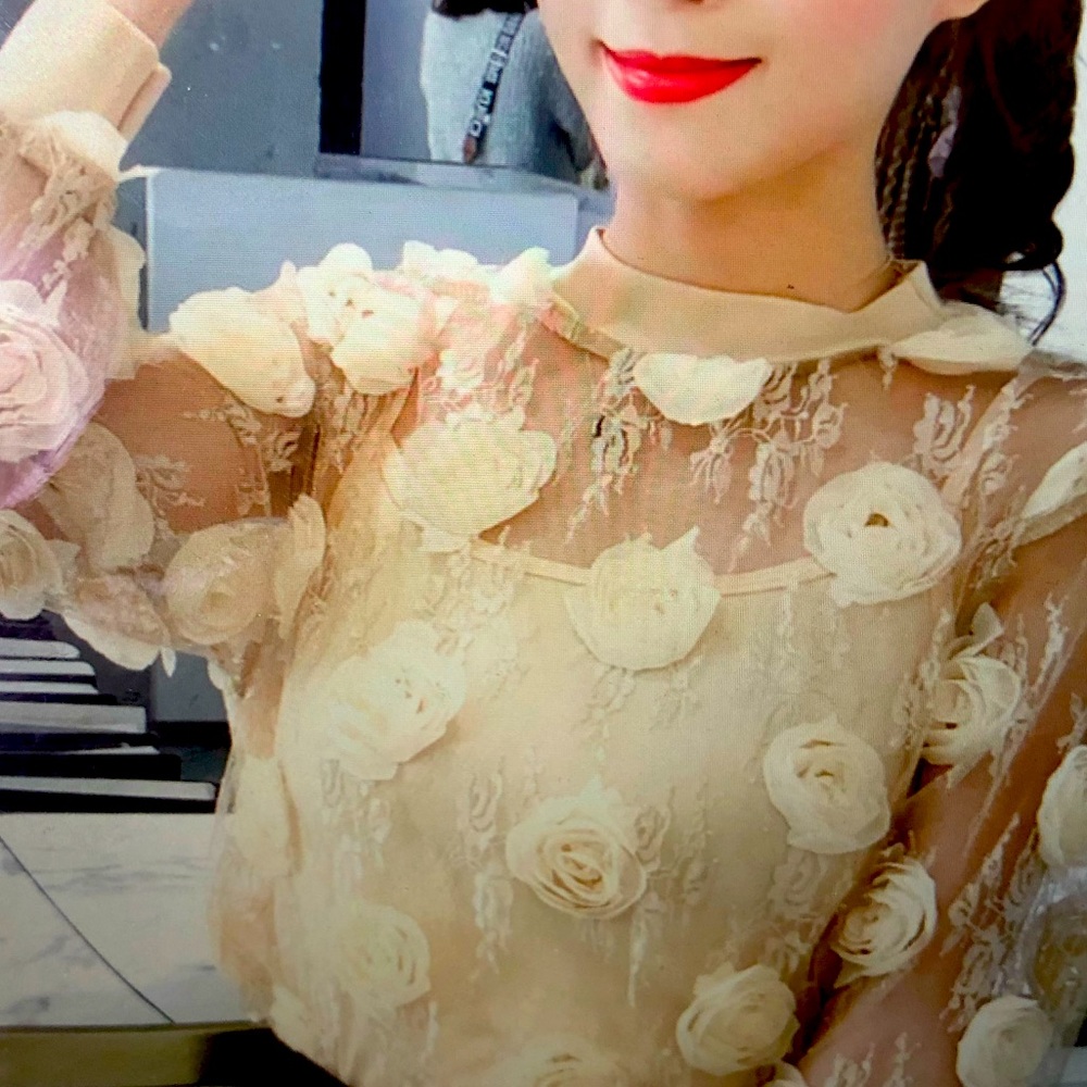 Beige lace top with 3D flower embroidery.
